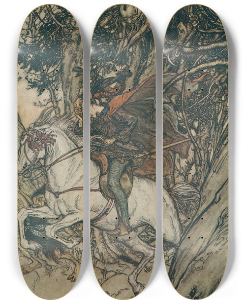 Triptych art skateboard deck of Arthur Rackham He Held Up The Gold Piece Crying At Each Leap Of His False Gold False Coin False Coin by Arthur Rackham (1867-1939)