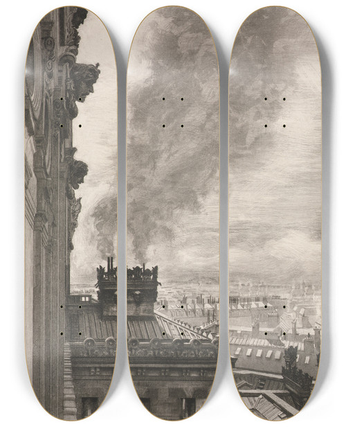 Triptych art skateboard deck of Charles Paul Renouard Rooftops Of The Administration Building by Charles Paul Renouard (1845-1924)