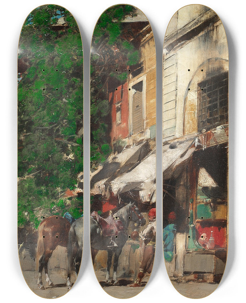 Triptych art skateboard deck of Alberto Pasini Al Mercato Istanbul by Alberto Pasini (1826-1899)
