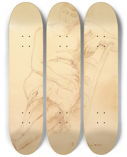 Triptych art skateboard deck of Charles Despiau Frau In Rmellosem Kurzem Kleid Auf Stuhl Schlafend Odette by Charles Despiau (1874-1946)