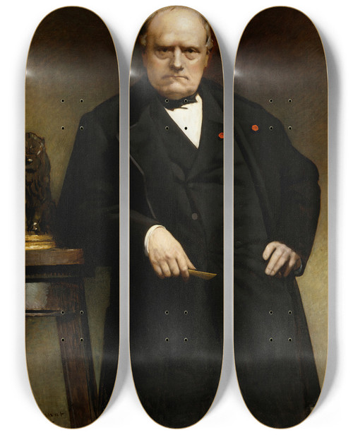 Triptych art skateboard deck of Lon Bonnat Portrait Of Barye With A Wax Model Of Seated Lion by Leon Bonnat (1833-1922)