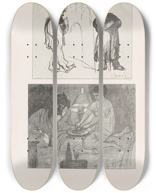 Triptych art skateboard deck of Pierre Puvis De Chavannes Les Caricatures De Puvis De Chavannes Pl01 by Pierre Puvis De Chavannes (1824-1898)