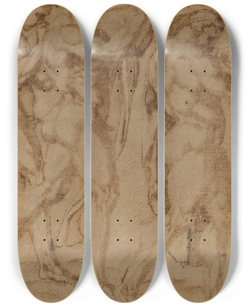Triptych art skateboard deck of Baccio Bandinelli Triumphal Procession by Baccio Bandinelli (1493-1560)