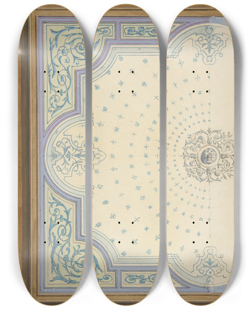 Triptych art skateboard deck of Julesedmondcharles Lachaise Design For The Decoration Of A Ceiling With Strapwork And Rinceaux_2 by Jules-Edmond-Charles Lachaise (1897)