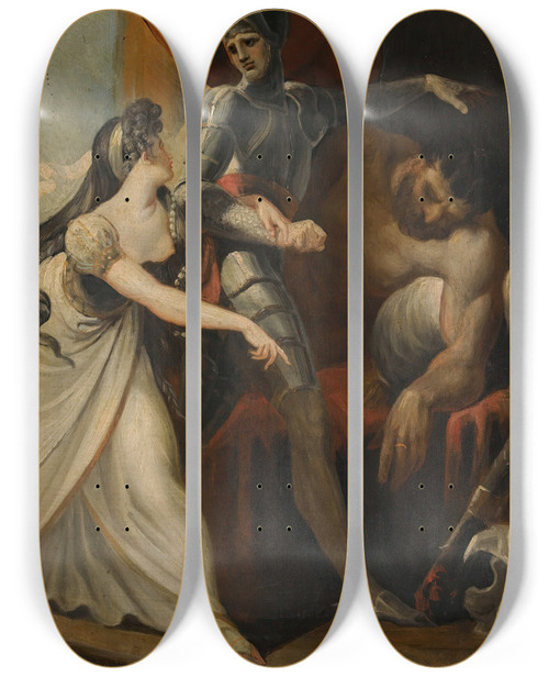Triptych art skateboard deck of Henry Fuseli Hon Rescuing Angela From The Giant Angulaffer From Wielands Oberon by Henry Fuseli (1741-1825)