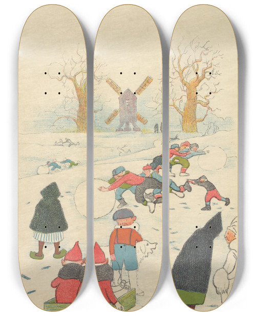 Triptych art skateboard deck of Lon Spilliaert Jeu De Neige Devant Le Moulin_1 by Leon Spilliaert (1881-1946)