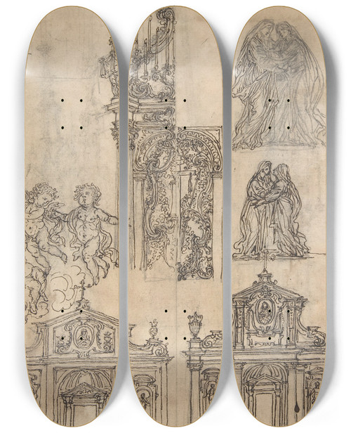 Triptych art skateboard deck of Giovanni Battista Foggini A Sheet Of Studies With Architectural Motifs And Two Sketches For A Visitation by Giovanni Battista Foggini (1652-1725)