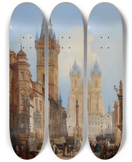 Triptych art skateboard deck of Auguste Mathieu Vue De La Grande Place De Prague Et De Lancien Htel De Ville by Auguste Mathieu (1810-1864)