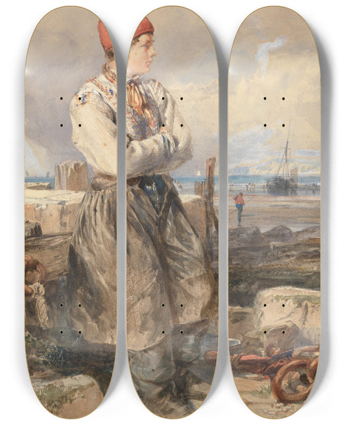 Triptych art skateboard deck of James Duffield Harding French Coast Scene With Fisherboy by James Duffield Harding (1798-1863)