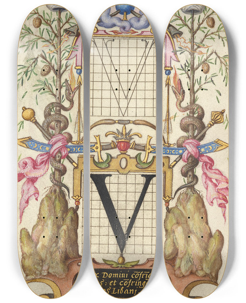 Triptych art skateboard deck of Joris Hoefnagel Guide For Constructing The Letter V by Joris Hoefnagel (1542-1600)