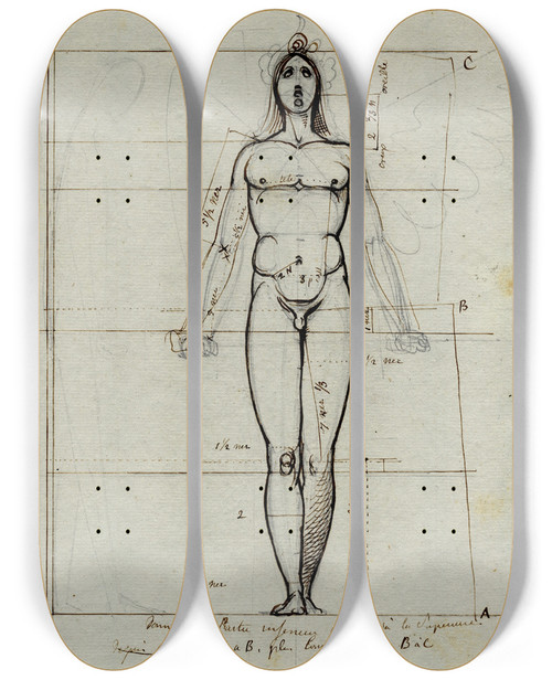 Triptych art skateboard deck of David Humbert De Superville Staand Mannelijk Naakt Frontaal Met Proportielijnen by David Humbert De Superville (1770-1849)