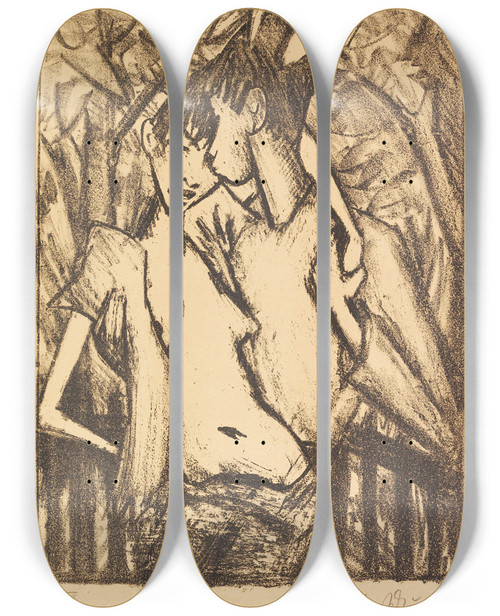 Triptych art skateboard deck of Otto Mueller Zigeunerliebespaar 2 by Otto Mueller (1874-1930)