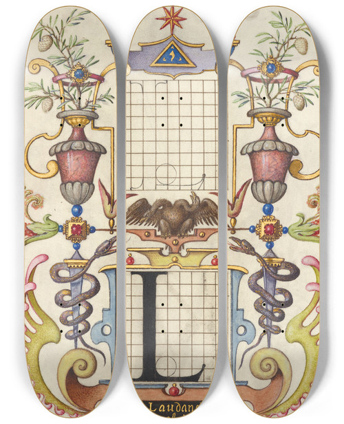 Triptych art skateboard deck of Joris Hoefnagel Guide For Constructing The Letter L by Joris Hoefnagel (1542-1600)
