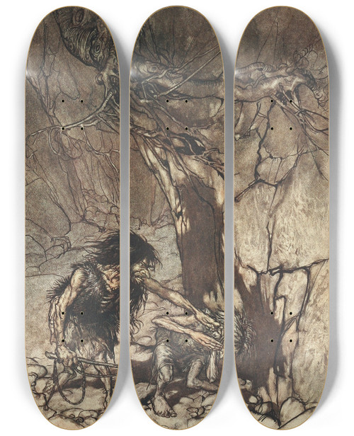 Triptych art skateboard deck of Arthur Rackham Mime Howling Ohe Ohe Oh Oh by Arthur Rackham (1867-1939)