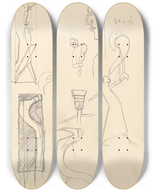 Triptych art skateboard deck of Spencer Frederick Gore Cave Of The Golden Calf Study Of Geometric Figures by Spencer Frederick Gore (1878-1914)