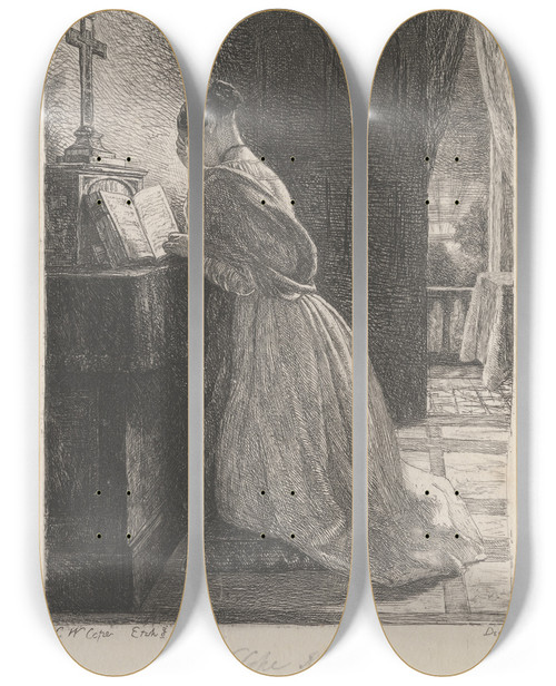 Triptych art skateboard deck of Charles West Cope Morning Prayer by Charles West Cope (1811-1890)