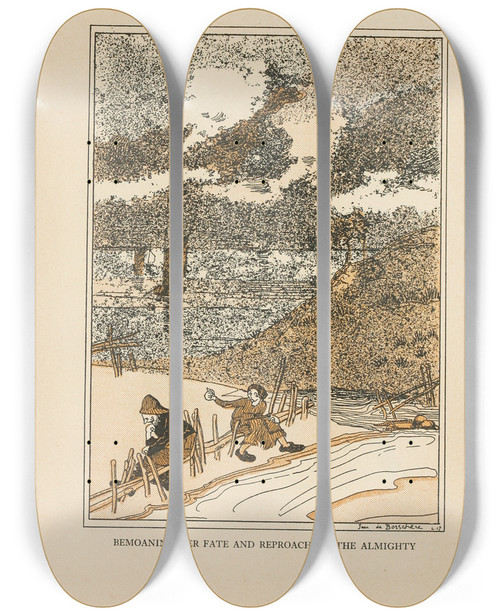 Triptych art skateboard deck of Jean De Bosschre Bemoaning Her Fate And Reproaching The Almighty by Jean de Bosschre (1878-1953)