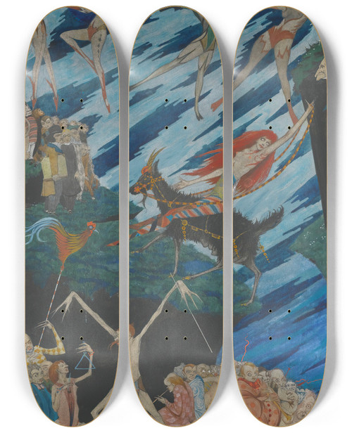 Triptych art skateboard deck of Harry Clarke Ill Fly From This Place With One Bound To Hell Or Anywhere To Leave Em by Harry Clarke (1889-1931)