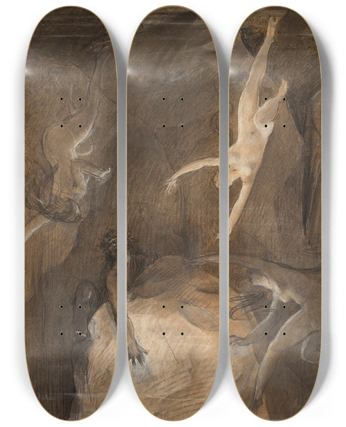 Triptych art skateboard deck of Lucolivier Merson Alberich And The Rhinemaidens_2 by Luc-Olivier Merson (1846-1920)