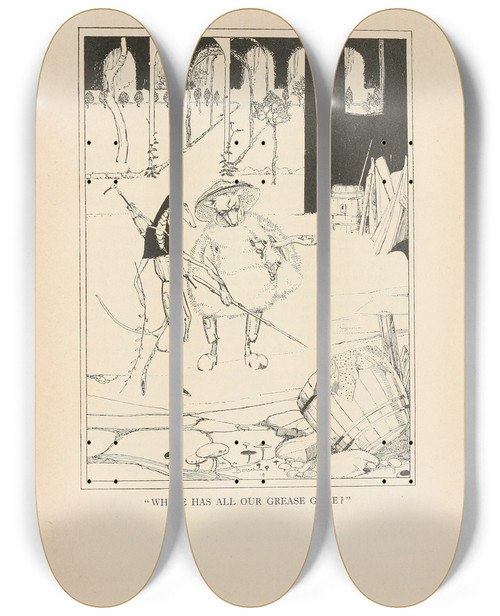 Triptych art skateboard deck of Jean De Bosschre Where Has All Our Grease Gone by Jean de Bosschre (1878-1953)