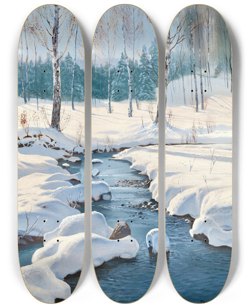 Triptych art skateboard deck of Toni Haller Winter Landscape With A Creek by Toni Haller (1907-1944)