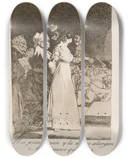 Triptych art skateboard deck of Francisco De Goya El Si Pronuncian Y La Mano Alargan Al Primero Que Llega They Say Yes And Give Their Hand To The First Comer by Francisco de Goya (1746-1828)