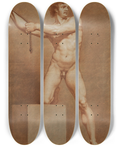 Triptych art skateboard deck of Philipp Jakob Becker Stehender Rechtes Knie Mit Abgewinkeltem Bein Auf Einem Quader Aufgesttzt Mit Beiden Nach Links Gewendeten Armen Ein Seil Haltend by Philipp Jakob Becker