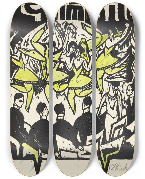 Triptych art skateboard deck of Ernst Ludwig Kirchner Dancers At The Ice Palace by Ernst Ludwig Kirchner (1880-1938)
