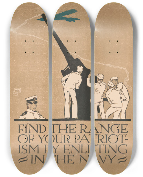 Triptych art skateboard deck of Vojtech Preissig Find The Range Of Your Patriotism By Enlisting In The Navy by Vojtech Preissig (1873-1944)