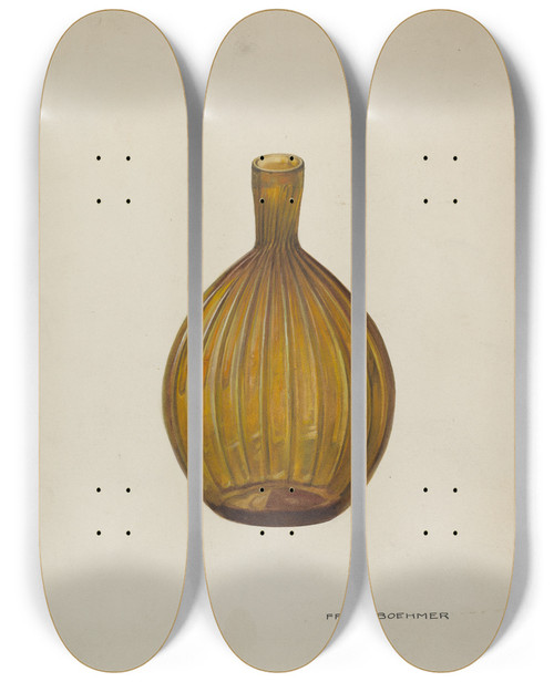 Triptych art skateboard deck of Fritz Boehmer Whiskey Flask by Fritz Boehmer