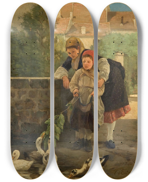 Triptych art skateboard deck of Charlesbertrand Dentraygues Feeding The Ducks by Charles-Bertrand d'Entraygues (1850-1929)