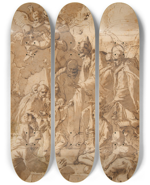 Triptych art skateboard deck of Pietro Testa The Presentation Of The Virgin In The Temple_2 by Pietro Testa (1612-1650)