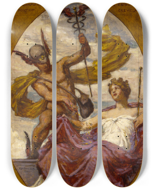 Triptych art skateboard deck of Kenyon Cox Study For Mural At Us Custom House Cleveland Oh Passing Commerce Pays Tribute To The Port Of Cleveland by Kenyon Cox (1856-1919)