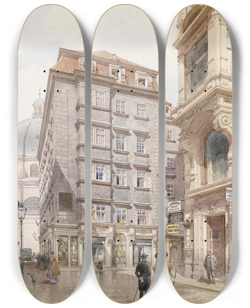 Triptych art skateboard deck of Richard Moser Wien Tuchgeschft Albert Hardt Freisingergasse by Richard Moser (1874-1924)
