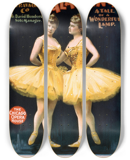 Triptych art skateboard deck of Strobridge Co Lith Aladdin Jr A Tale Of A Wonderful Lamp_1 by Strobridge Co Lith (1847)