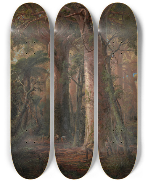 Triptych art skateboard deck of Charles Blomfield Scene Of Kauri Bush Gumdiggers At Work by Charles Blomfield (1848-1926)