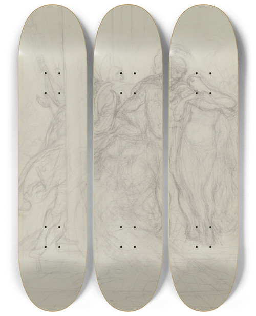 Triptych art skateboard deck of Victor Mller Ein Krieger In Antiker Gewandung Hindert Eine Klagende Frau Daran Sich Einer An Einer Sule Hingestreckten Gestalt Zu Nhern by Victor Muller (1829-1871)