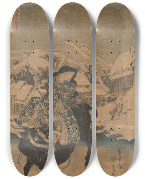 Triptych art skateboard deck of Utagawa Kunisada Toyokuni Iii Bull And Rider by Utagawa Kunisada (Toyokuni III) (1786-1865)