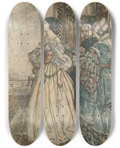 Triptych art skateboard deck of Arthur Rackham She Hath A Mark Like A Violet Between Her Shoulders And Another Like It On The Instep Of Her Left Foot by Arthur Rackham (1867-1939)