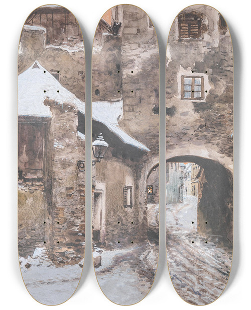 Triptych art skateboard deck of Franz Poledne Kremser Tor In Drnstein Im Winter by Franz Poledne (1873-1932)