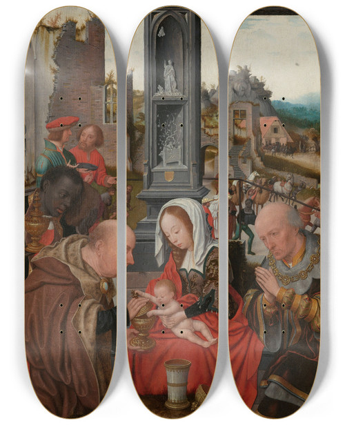 Triptych art skateboard deck of Jan Jansz Mostaert The Adoration Of The Magi by Jan Jansz Mostaert (1475-1552)