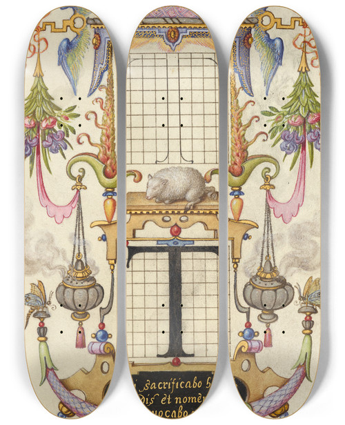 Triptych art skateboard deck of Joris Hoefnagel Guide For Constructing The Letter T by Joris Hoefnagel (1542-1600)