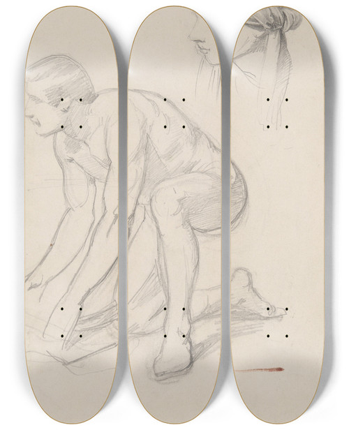 Triptych art skateboard deck of Jzef Simmler Nude Sketch And Study Of The Head In A Turban For The Figure Of Joseph Of Arimathea To The Painting Entombment by Jozef Simmler (1823-1868)