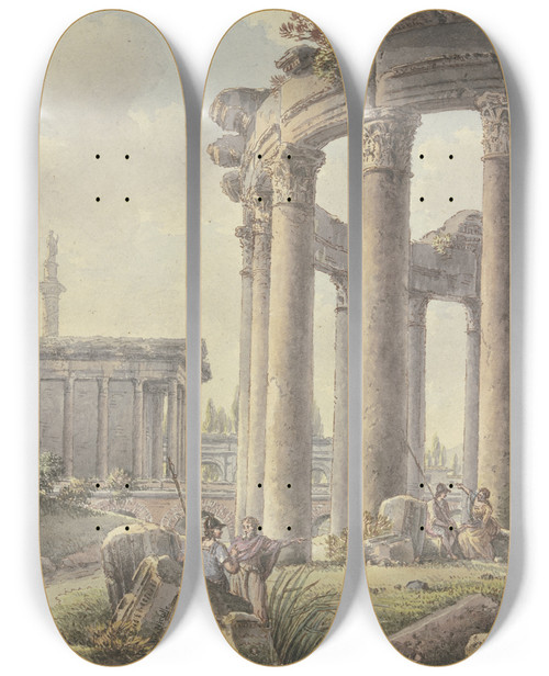 Triptych art skateboard deck of Victorjean Nicolle Architektonisches Capriccio Ruinen Eines Rundtempels Im Hintergrund Die Trajansule_1 by Victor-Jean Nicolle (1754-1826)