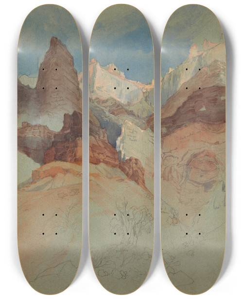 Triptych art skateboard deck of Frederic Edwin Church Looking Up The Trail At Bright Angel Grand Canyon Arizona by Frederic Edwin Church (1826-1900)