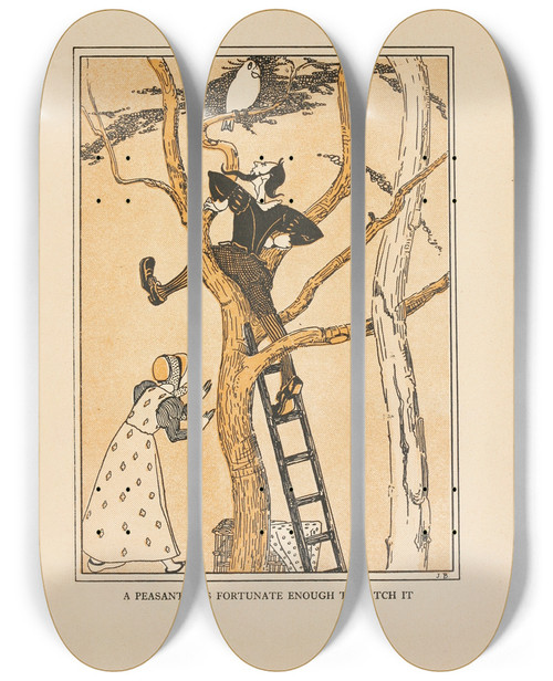 Triptych art skateboard deck of Jean De Bosschre A Peasant Was Fortunate Enough To Catch It by Jean de Bosschre (1878-1953)
