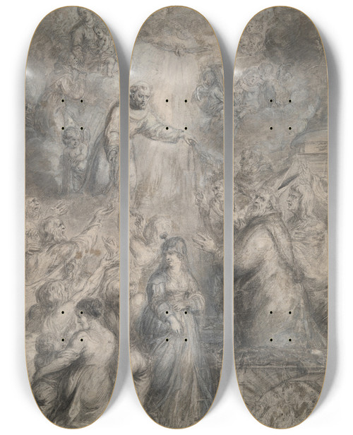 Triptych art skateboard deck of Philip Fruytiers The Distribution Of Franciscancords by Philip Fruytiers (1610-1666)