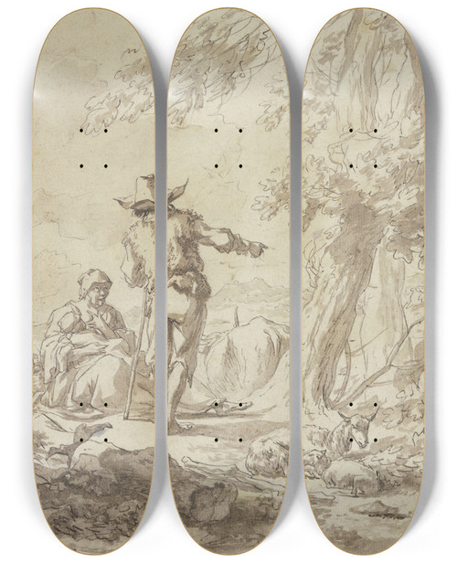 Triptych art skateboard deck of Nicolaes Pietersz Berchem Hirtenfamilie Unter Einem Baume Ruhend by Nicolaes Pietersz Berchem (1620-1683)