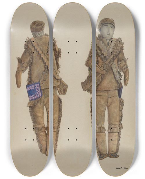 Triptych art skateboard deck of George File Frontiersman Doll by George File