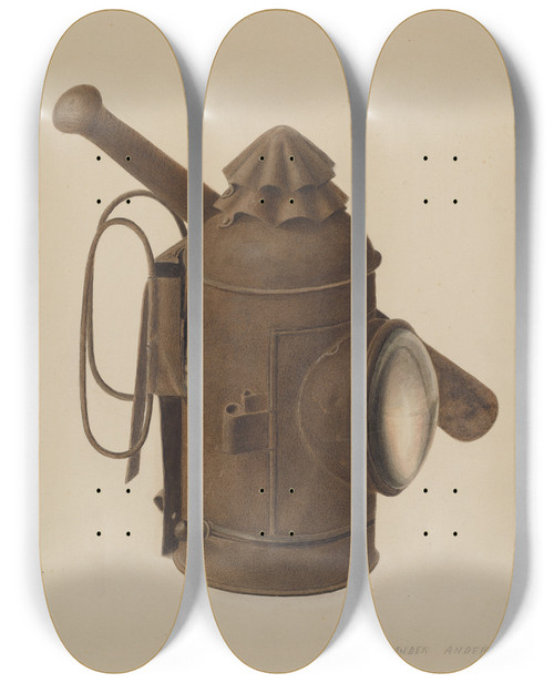Triptych art skateboard deck of Alexander Anderson Police Lantern And Club by Alexander Anderson